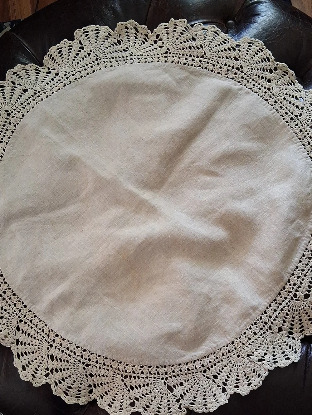 Classic Round Crochet-Edge Table Cover in Cream